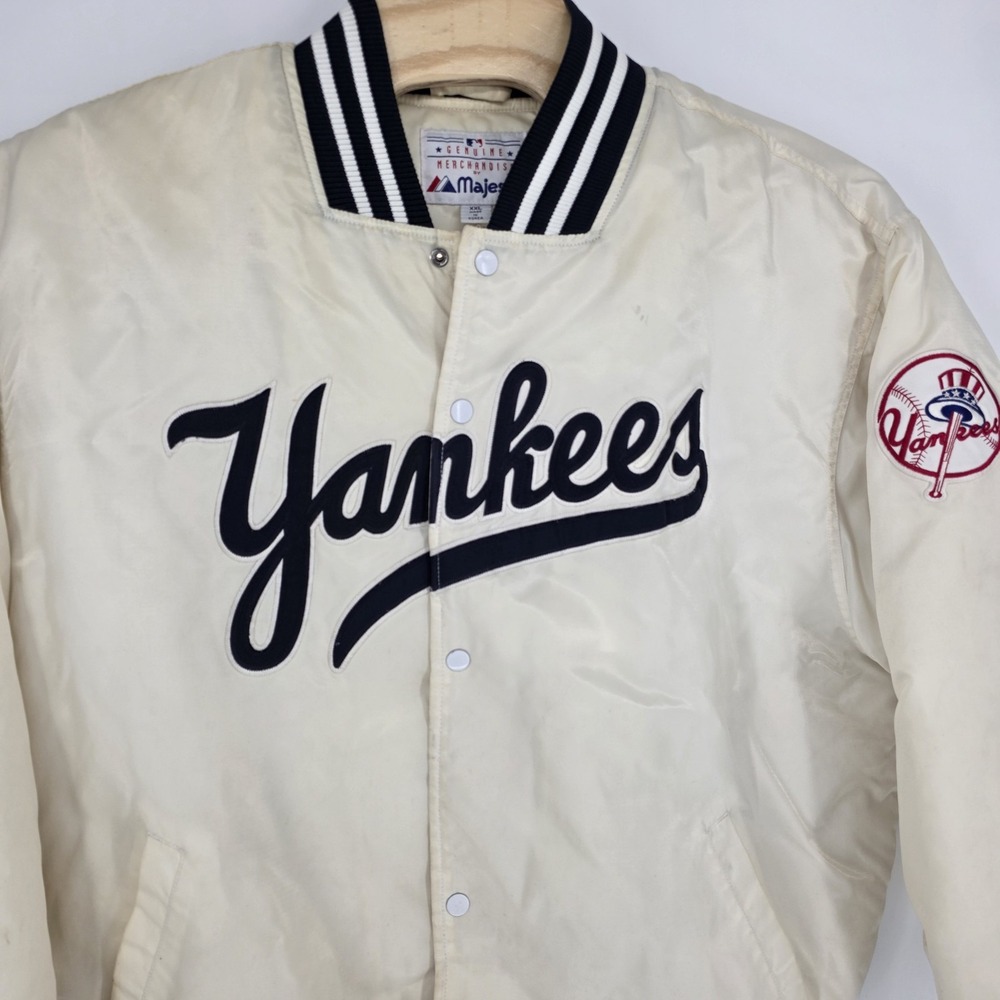 Vintage Majestic New York Yankees Satin Varsity Jacket Cream Navy XL MLB Baseba